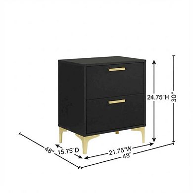 FurniFact Black Modern Nightstand with Gold Accents and Sturdy Metal Legs