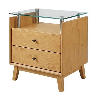 FurniFact Pine Nightstand with Glass Top and Modern Style