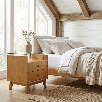 FurniFact Pine Nightstand with Glass Top and Modern Style