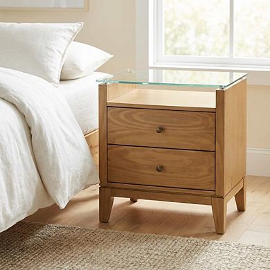 FurniFact Pine Nightstand with Glass Top and Modern Style