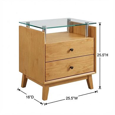 FurniFact Pine Nightstand with Glass Top and Modern Style