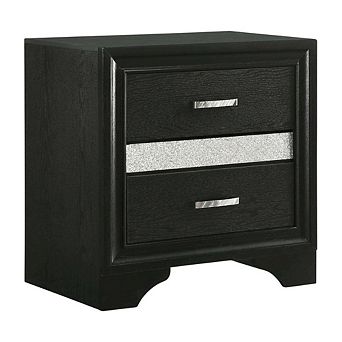 FurniFact Black Contemporary Bedroom Nightstand with Crystal Finish and Two Drawers