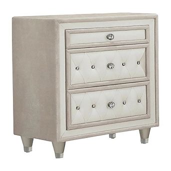 FurniFact Ivory and Camel Upholstered Nightstand with 3 Drawers and Modern Design