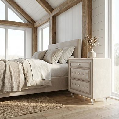 FurniFact Ivory and Camel Upholstered Nightstand with 3 Drawers and Modern Design