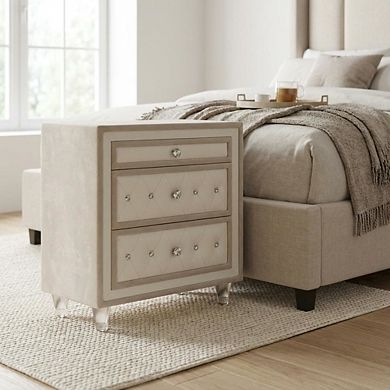 FurniFact Ivory and Camel Upholstered Nightstand with 3 Drawers and Modern Design