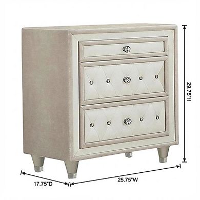 FurniFact Ivory and Camel Upholstered Nightstand with 3 Drawers and Modern Design