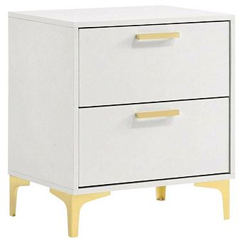 FurniFact White Modern Nightstand with Gold Accents and Sturdy Metal Legs