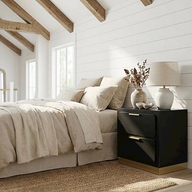 FurniFact Black Nightstand with Gold Accents and Contemporary Design