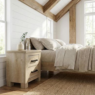 FurniFact Weathered Oak Nightstand with Two Drawers and Rustic Style for Bedroom Storage