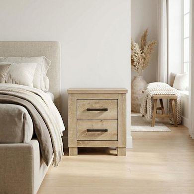 FurniFact Weathered Oak Nightstand with Two Drawers and Rustic Style for Bedroom Storage