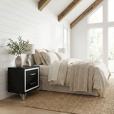FurniFact Black Nightstand with Modern Design and Silver Accents for Bedroom Use