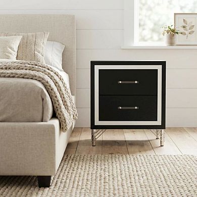 FurniFact Black Nightstand with Modern Design and Silver Accents for Bedroom Use
