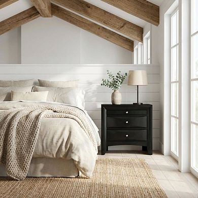 FurniFact Black Transitional Nightstand with Brushed Nickel Accents and Sleek Design