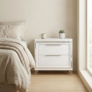 FurniFact White 2-Drawer Nightstand with Chrome Finish and Clear Acrylic Legs