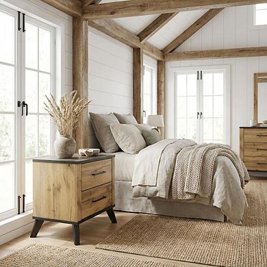 FurniFact Pine Nightstand with 2 Drawers and Mid-Century Modern Design