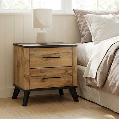 FurniFact Pine Nightstand with 2 Drawers and Mid-Century Modern Design