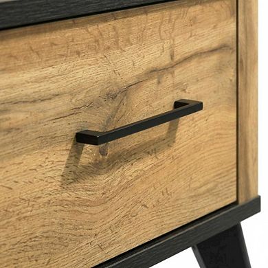 FurniFact Pine Nightstand with 2 Drawers and Mid-Century Modern Design