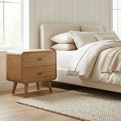 FurniFact Light Ash 2-Drawer Bedside Nightstand with Modern Design