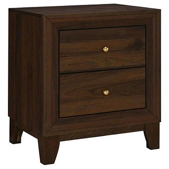 FurniFact Walnut Nightstand with 2 Drawers and Brass Finish for Bedroom Storage