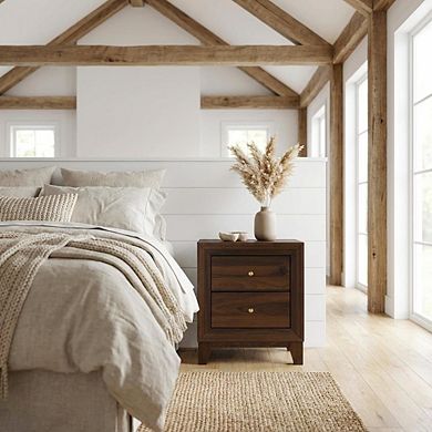 FurniFact Walnut Nightstand with 2 Drawers and Brass Finish for Bedroom Storage