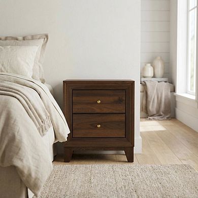 FurniFact Walnut Nightstand with 2 Drawers and Brass Finish for Bedroom Storage