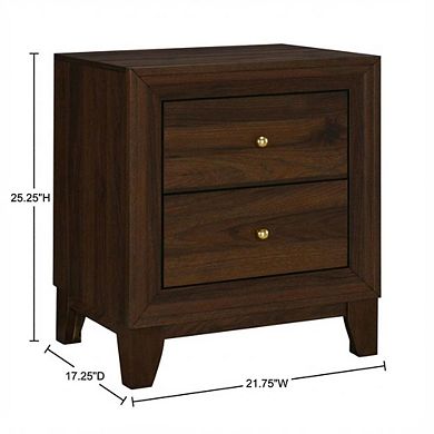FurniFact Walnut Nightstand with 2 Drawers and Brass Finish for Bedroom Storage