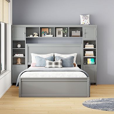 Merax Queen Size Wooden Bed With All-in-One Cabinet, Shelf and Sockets