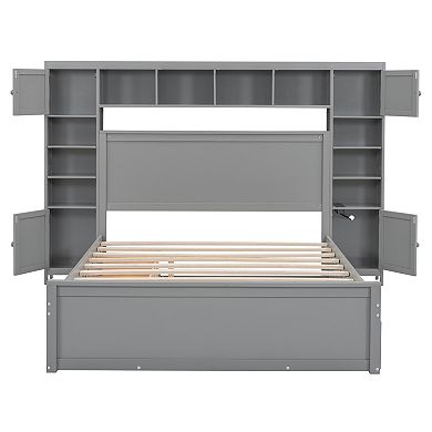 Merax Queen Size Wooden Bed With All-in-One Cabinet, Shelf and Sockets