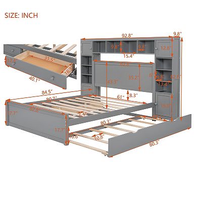 Merax Queen Size Wooden Bed With All-in-One Cabinet, Shelf and Sockets
