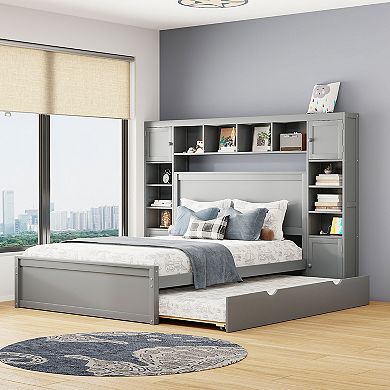 Merax Queen Size Wooden Bed With All-in-One Cabinet, Shelf and Sockets