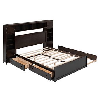Merax Queen Size Wooden Bed With All-in-One Cabinet, Shelf and Sockets
