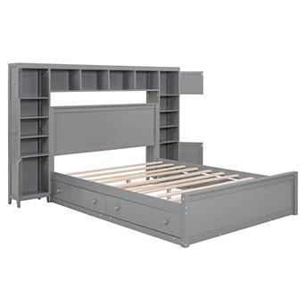 Merax Queen Size Wooden Bed With All-in-One Cabinet, Shelf and Sockets