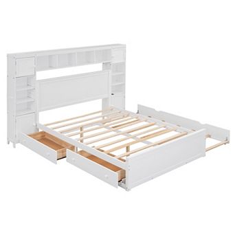 Merax Queen Size Wooden Bed With All-in-One Cabinet, Shelf and Sockets
