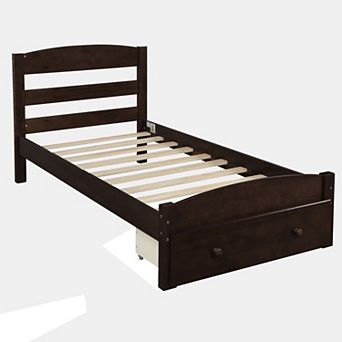 Merax Platform Twin Bed Frame with Storage Drawer and Wood Slat Support
