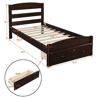 Merax Platform Twin Bed Frame with Storage Drawer and Wood Slat Support