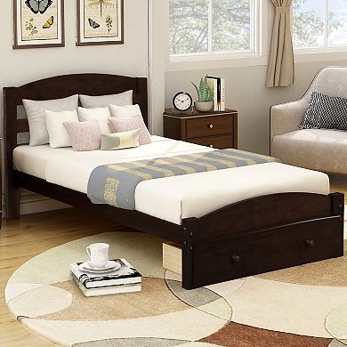 Merax Platform Twin Bed Frame with Storage Drawer and Wood Slat Support