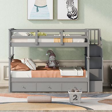Merax Stairway Twin Over Twin Bunk Bed with Three Drawers for Bedroom