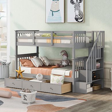 Merax Stairway Twin Over Twin Bunk Bed with Three Drawers for Bedroom
