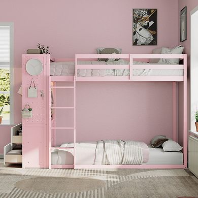 Merax Twin Size Bunk Bed with 4 Storage Drawers, Hanging Rail, Light Strip and Built in Shelves