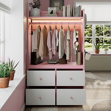 Merax Twin Size Bunk Bed with 4 Storage Drawers, Hanging Rail, Light Strip and Built in Shelves