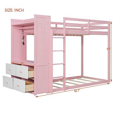 Merax Twin Size Bunk Bed with 4 Storage Drawers, Hanging Rail, Light Strip and Built in Shelves