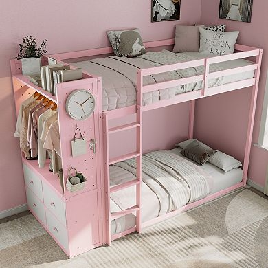 Merax Twin Size Bunk Bed with 4 Storage Drawers, Hanging Rail, Light Strip and Built in Shelves