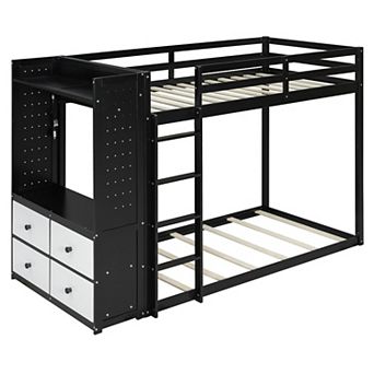 Merax Twin Size Bunk Bed with 4 Storage Drawers, Hanging Rail, Light Strip and Built in Shelves