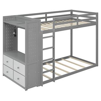 Merax Twin Size Bunk Bed with 4 Storage Drawers, Hanging Rail, Light Strip and Built in Shelves