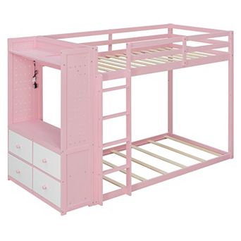 Merax Twin Size Bunk Bed with 4 Storage Drawers, Hanging Rail, Light Strip and Built in Shelves