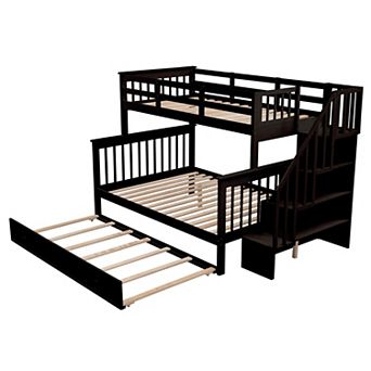 Merax Twin Over Full Bunk Bed with Twin size Trundle, Storage and Guard Rail for Bedroom
