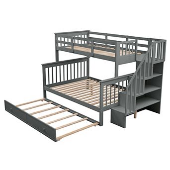 Merax Twin Over Full Bunk Bed with Twin size Trundle, Storage and Guard Rail for Bedroom