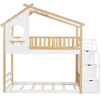 Merax Stairway Twin Over Twin Bunk Bed,House Bed,Storage and Guard Rail