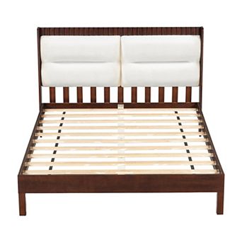 Merax Solid Wood Platform Bed Frame with Beige Velvet Upholstered Headboard