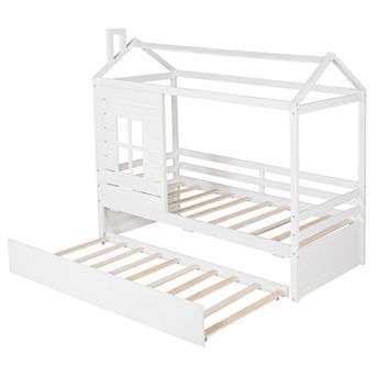Merax Twin Size House Bed Wood Bed with Twin Size Trundle